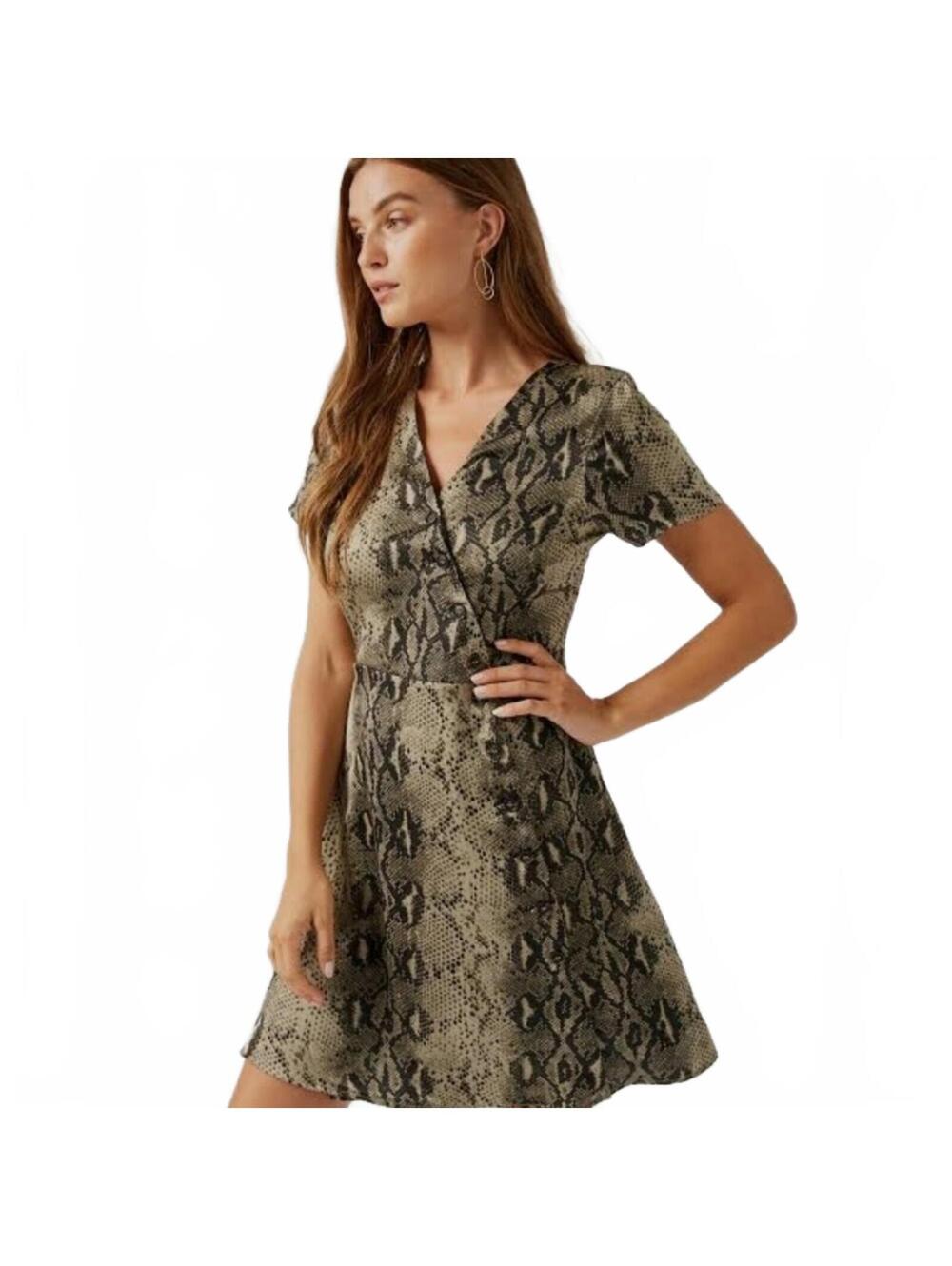 Discreet Tan Black Snakeskin Print Faux Wrap Mini Dress Size Medium